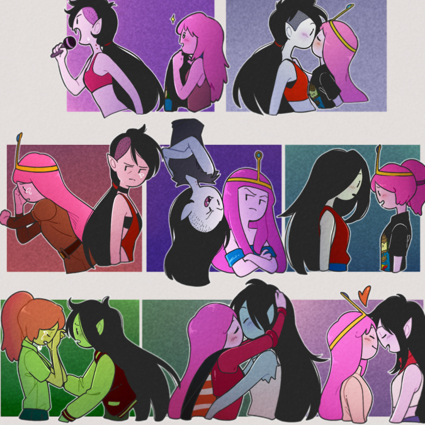 2girls adventure_time age_progression black_hair bra cape crop_top crying demon_girl fangs floating forehead-to-forehead grey_skin heart kiss long_hair marceline_abadeer microphone multiple_girls omy-chan pink_hair pink_skin pointy_ears ponytail princess_bonnibel_bubblegum red_bra scarf sequential tank_top tears tiara underwear vampire very_long_hair yuri