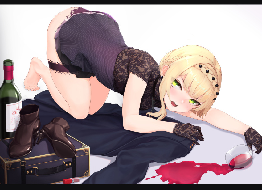 1girl alcohol bangs barefoot black_dress black_gloves black_panties blonde_hair blush bottle braid briefcase cup dress drinking_glass earrings footwear_removed girls_frontline gloves green_eyes highres jacket jacket_removed jewelry mari0ball open_mouth panties short_hair solo thigh_strap underwear welrod_mk2_(girls_frontline) white_background wine wine_glass