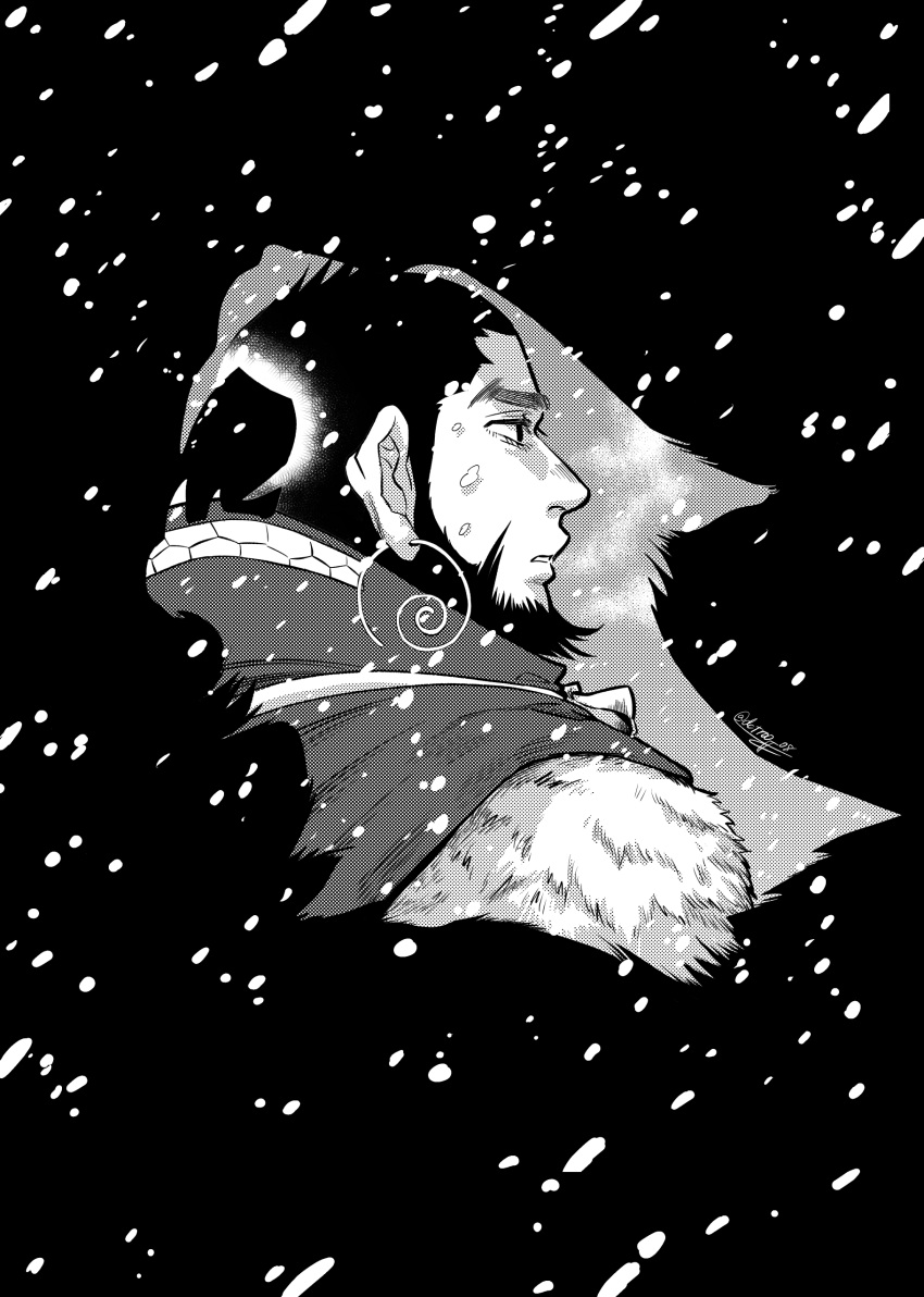 1boy absurdres ainu_clothes beard black_hair deko_(pixiv13085538) earrings facial_hair golden_kamuy greyscale highres hoop_earrings jewelry kiroranke looking_to_the_side male_focus monochrome outdoors snowing solo thick_eyebrows upper_body