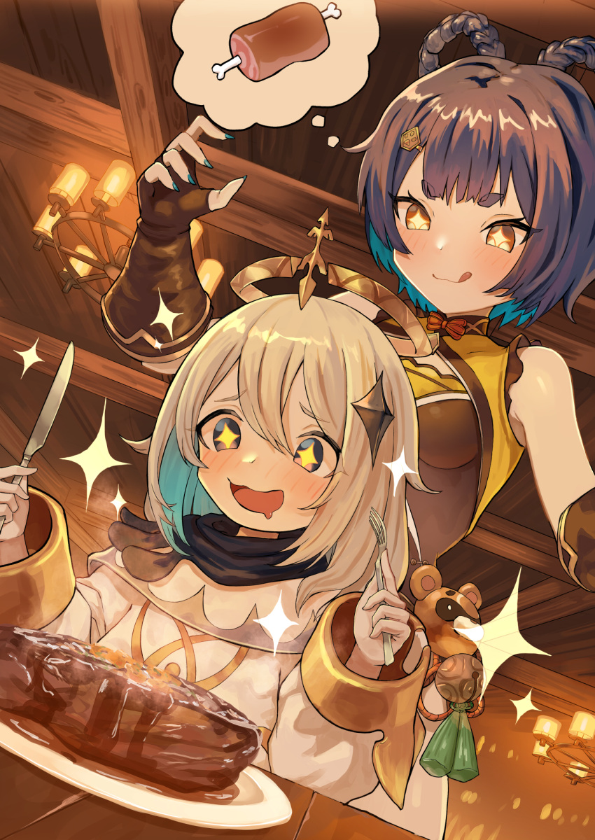 +_+ 1girl 2girls :3 :d :q aqua_nails bangs bare_shoulders black_hair blonde_hair blue_hair blush boned_meat breasts brown_gloves cape ceiling chandelier colored_inner_hair commentary_request eyebrows_visible_through_hair fingerless_gloves fingernails food fork genshin_impact gloves guoba_(genshin_impact) hair_ornament hair_rings hairclip halo heart highres holding holding_fork holding_knife indoors jewelry knife licking_lips meat moutama mouth_drool multicolored_hair multiple_girls nail_polish open_mouth paimon_(genshin_impact) plate short_hair sleeveless smile sparkle sparkle_background spoken_food symbol-shaped_pupils table thought_bubble tongue tongue_out xiangling_(genshin_impact) yellow_eyes
