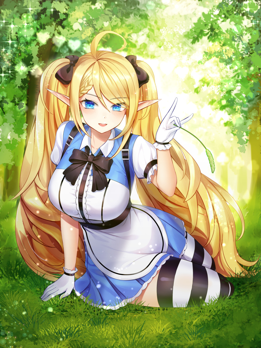 absurdres bindong black_legwear blonde_hair blue_dress blue_eyes bow braid collared_shirt day dress eyebrows_visible_through_hair gloves grass hair_bow hair_ribbon hand_up highres holding holding_plant holding_plate lens_flare long_hair looking_at_viewer lying on_grass on_ground on_side open_mouth original outdoors plant plate ribbon shirt short_sleeves thigh-highs tree twintails white_gloves white_legwear