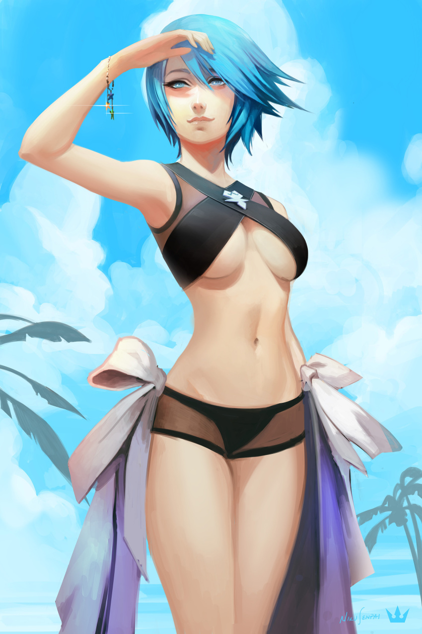 1girl absurdres aqua_(kingdom_hearts) beach bikini black_swimsuit blue_eyes blue_hair bracelet breasts hand_over_eye highres jewelry kingdom_hearts kingdom_hearts_birth_by_sleep navel nicksilva palm_tree short_hair sigil smile sunlight swimsuit tree under_boob