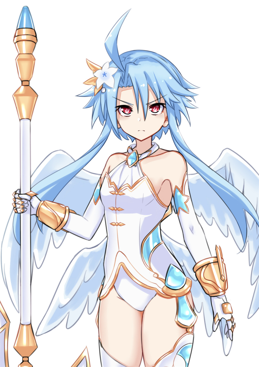 1girl ahoge angel angel_wings blue_hair flower four_goddesses_online:_cyber_dimension_neptune gloves hair_flower hair_ornament highres leotard long_hair looking_at_viewer neptune_(series) power_symbol red_eyes short_hair_with_long_locks simple_background solo symbol-shaped_pupils white_background white_heart wings zatsu