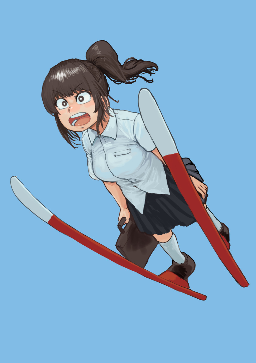 1girl absurdres black_skirt blue_background bright_pupils brown_eyes brown_footwear brown_hair chanta_(ayatakaoisii) collared_shirt highres holding holding_suitcase open_mouth original pleated_skirt ponytail round_teeth shirt shoes short_sleeves simple_background skiing skirt skis socks solo suitcase teeth white_legwear white_pupils white_shirt wing_collar