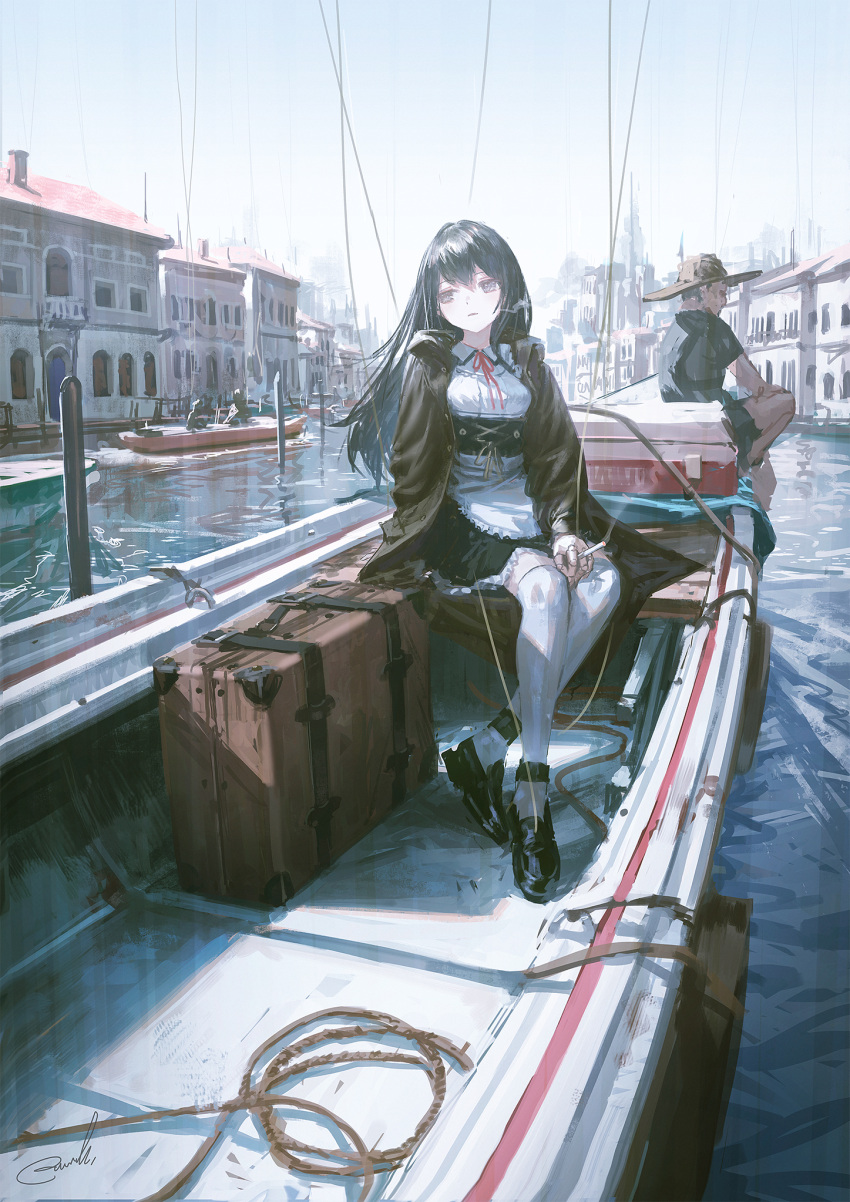 1boy 1girl 2others bag black_dress black_footwear black_hair blue_sky boat boots building cigarette dress hat highres jacket leather leather_jacket long_hair maid multiple_others original outdoors over-kneehighs parted_lips reoen ribbon rope sitting sky smoking straw_hat suitcase thigh-highs venice watercraft white_legwear