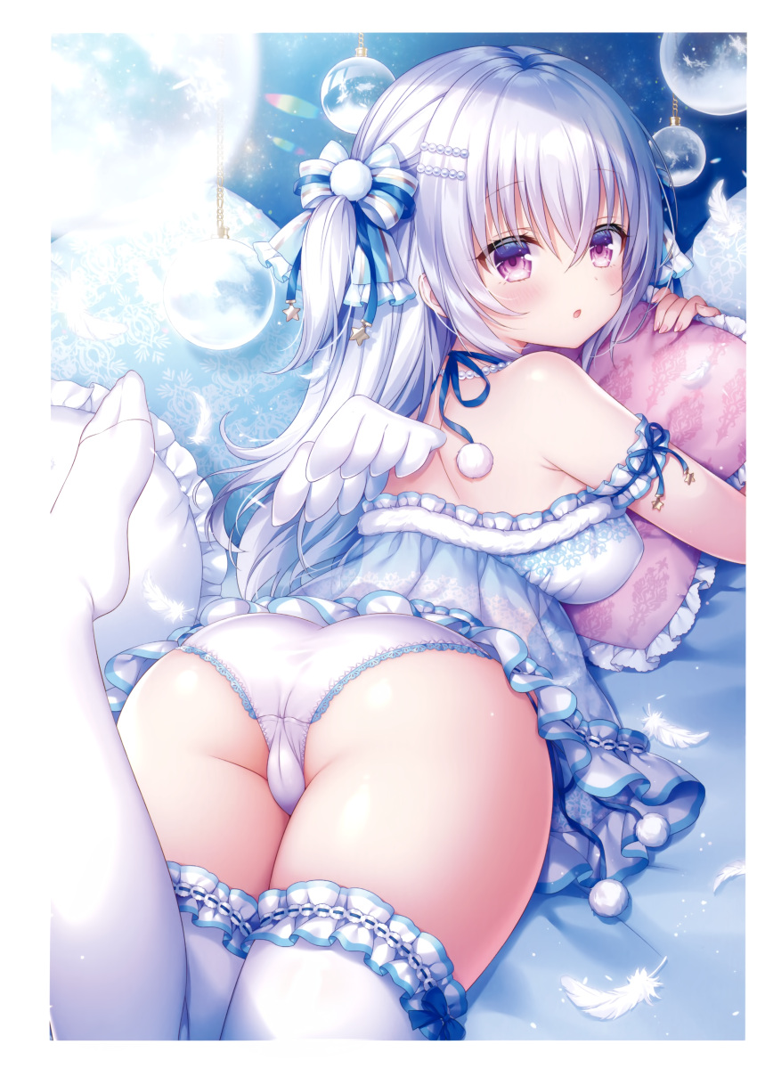 1girl absurdres arm_garter ass babydoll bare_shoulders bauble blue_theme bow breasts choker frilled_legwear frills from_behind hair_bow hair_ornament hairclip highres leg_up lingerie long_hair looking_at_viewer looking_back lying medium_breasts melonbooks mitsuba_choco on_stomach one_side_up original panties parted_lips pillow pillow_hug scan solo thigh-highs thighs underwear underwear_only violet_eyes white_hair white_legwear white_panties