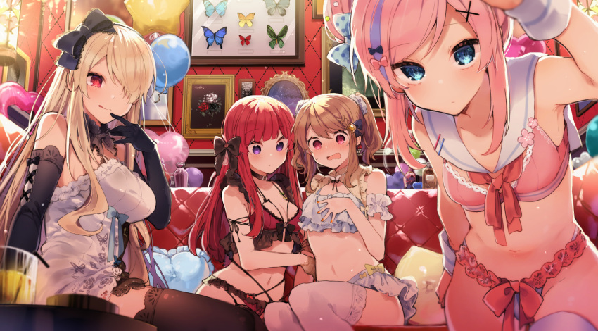 4girls :q arm_up armpits balloon bare_shoulders black_gloves blonde_hair blue_eyes blurry bow bra chemise closed_mouth couch depth_of_field elbow_gloves finger_to_mouth frilled_bra frilled_panties frills gloves hair_bow hair_bun hair_ornament hair_over_one_eye hair_scrunchie hand_on_own_chest highres ikeuchi_tanuma lingerie long_hair looking_at_viewer microskirt midriff multicolored_hair multiple_girls navel neck_ribbon open_mouth original panties picture_frame pink_bra pink_hair red_bra red_eyes red_panties redhead ribbon sailor_collar scrunchie sidelocks sitting skirt smile standing stomach streaked_hair sweatdrop thigh-highs thighs tongue tongue_out twintails underwear violet_eyes white_bra white_legwear white_panties white_skirt wide-eyed wrist_cuffs x_hair_ornament