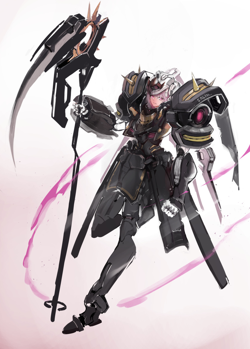 1girl absurdres bangs clenched_hands dokuro_deluxe expressionless eyebrows_behind_hair floating gradient gradient_background helmet highres holding holding_scythe holding_weapon hololive hololive_english looking_to_the_side mecha mori_calliope pink_eyes pink_hair power_armor scythe solo spikes tsurime virtual_youtuber weapon