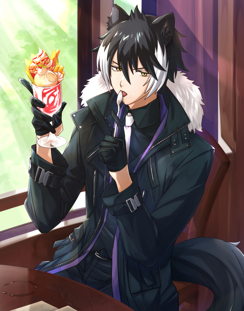 1boy absurdres animal_ears belt black_coat black_gloves black_hair black_legwear chair coat condensation day dessert food formal fur-trimmed_coat fur_trim gloves half_gloves highres holding holding_spoon holostars indoors jackal_ears jackal_tail jacket kageyama_shien leather leather_jacket licking looking_to_the_side multicolored_hair open_clothes open_coat pants parfait silou_b solo spoon suit sunlight tree two-tone_hair utensil_in_mouth window wooden_table yellow_eyes