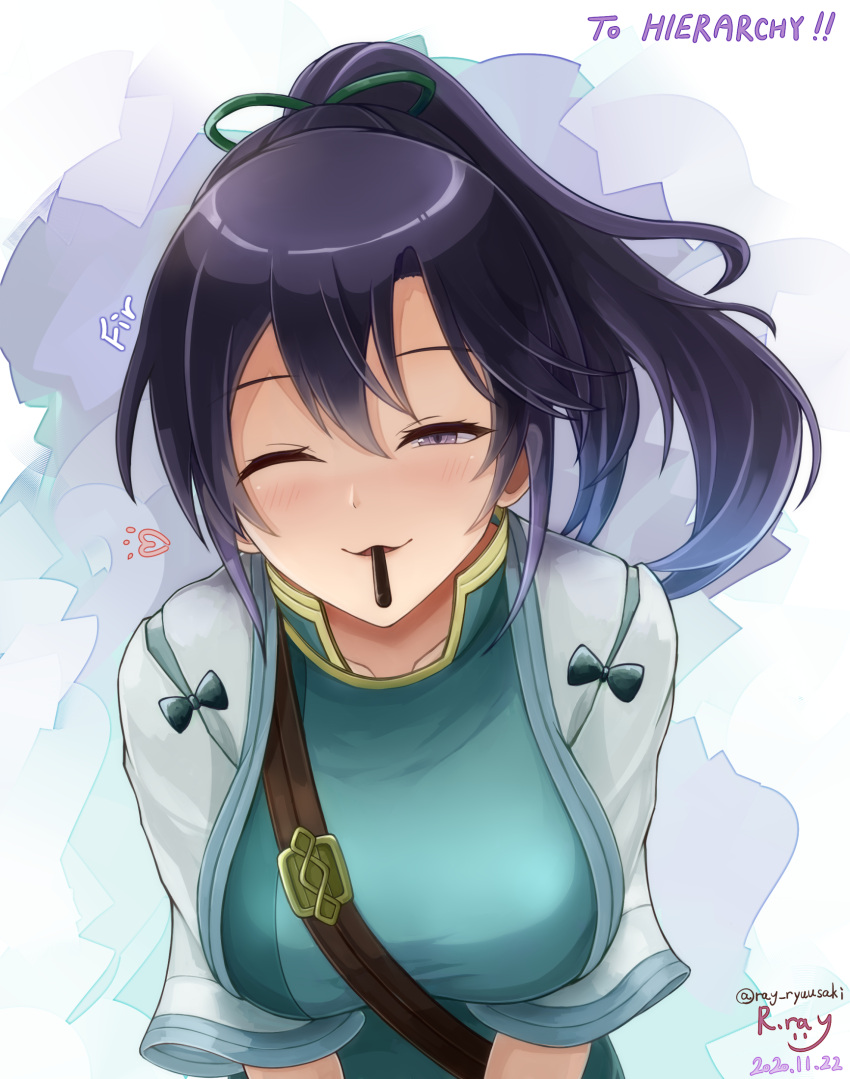 1girl artist_name black_hair blush breasts candy character_name chocolate collarbone commission fir_(fire_emblem) fire_emblem fire_emblem:_the_binding_blade food food_in_mouth heart highres holding holding_food long_hair mouth_hold one_eye_closed pocky ponytail pov ryuusaki_rei simple_background skeb_commission smile solo twitter_username violet_eyes