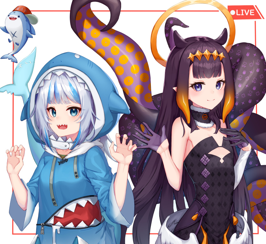 2girls absurdres bangs black_gloves bloop_(gawr_gura) blue_eyes blunt_bangs claw_pose cowboy_shot eyebrows_visible_through_hair gawr_gura gloves half_gloves highres hololive hololive_english light_blush looking_at_viewer multiple_girls ninomae_ina'nis recording setsurimu_(pro_viden) shark_girl smile virtual_youtuber waving