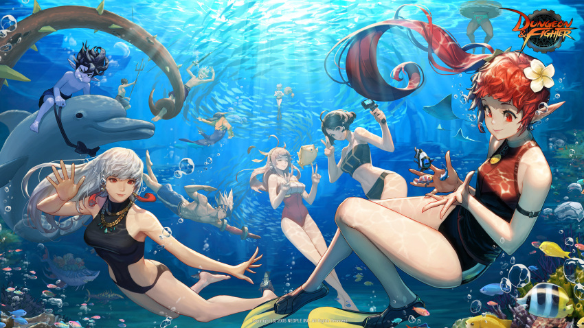 4girls 5boys air_bubble armlet barefoot bikini blonde_hair brown_hair bubble coral diving dungeon_and_fighter fish flippers flower freediving hair_flower hair_ornament highres holding_breath jewelry long_hair male_swimwear manta_ray multiple_boys multiple_girls necklace ocean_bottom one-piece_swimsuit pointy_ears redhead school_of_fish self_shot shark short_hair smile spiky_hair stingray swim_briefs swim_trunks swimming swimsuit swimwear tan86 underwater v waving white_hair