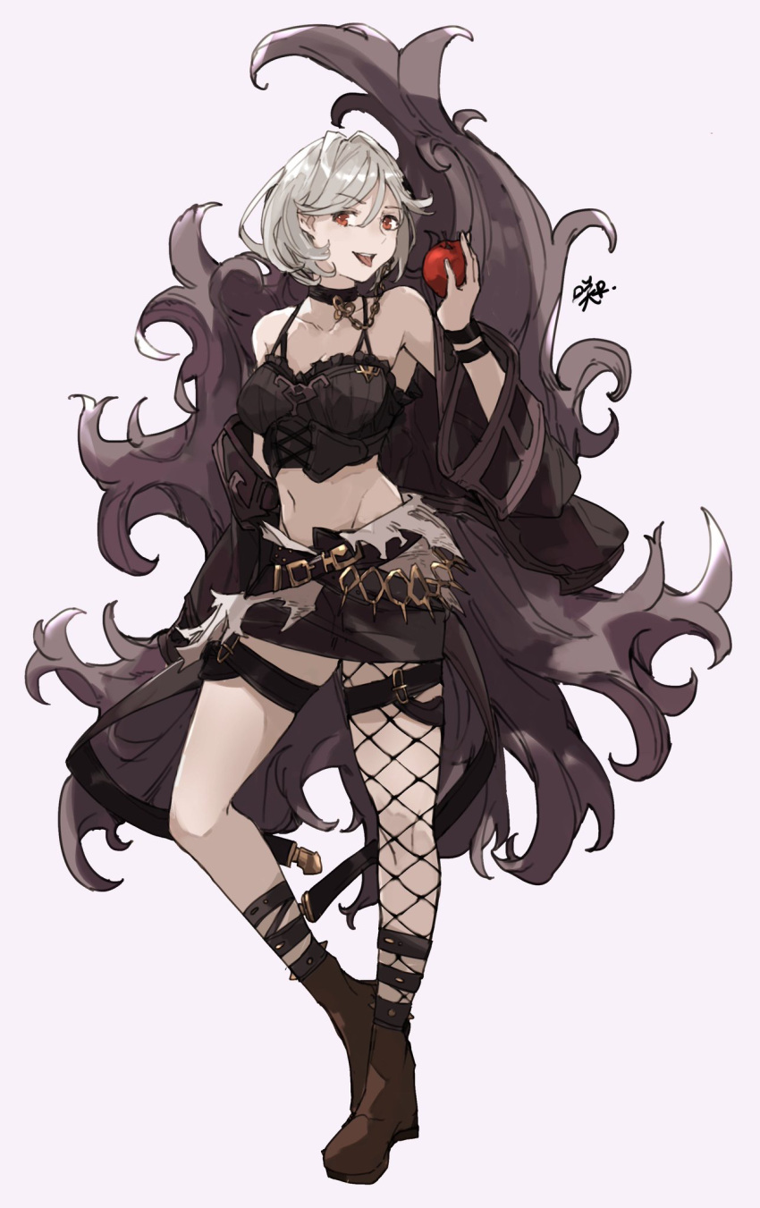 1girl alter_ego_malevolent_(granblue_fantasy) apple belt black_coat bob_cut boots cape chain choker coat collar collarbone crop_top djeeta_(granblue_fantasy) fishnet_legwear fishnets food fruit granblue_fantasy highres holding holding_food holding_fruit looking_at_viewer navel off-shoulder_coat punk red_eyes sakuremi shorts signature simple_background single_thighhigh smirk solo spaghetti_strap spiked_anklet thigh-highs thigh_strap tongue tongue_out white_background white_hair
