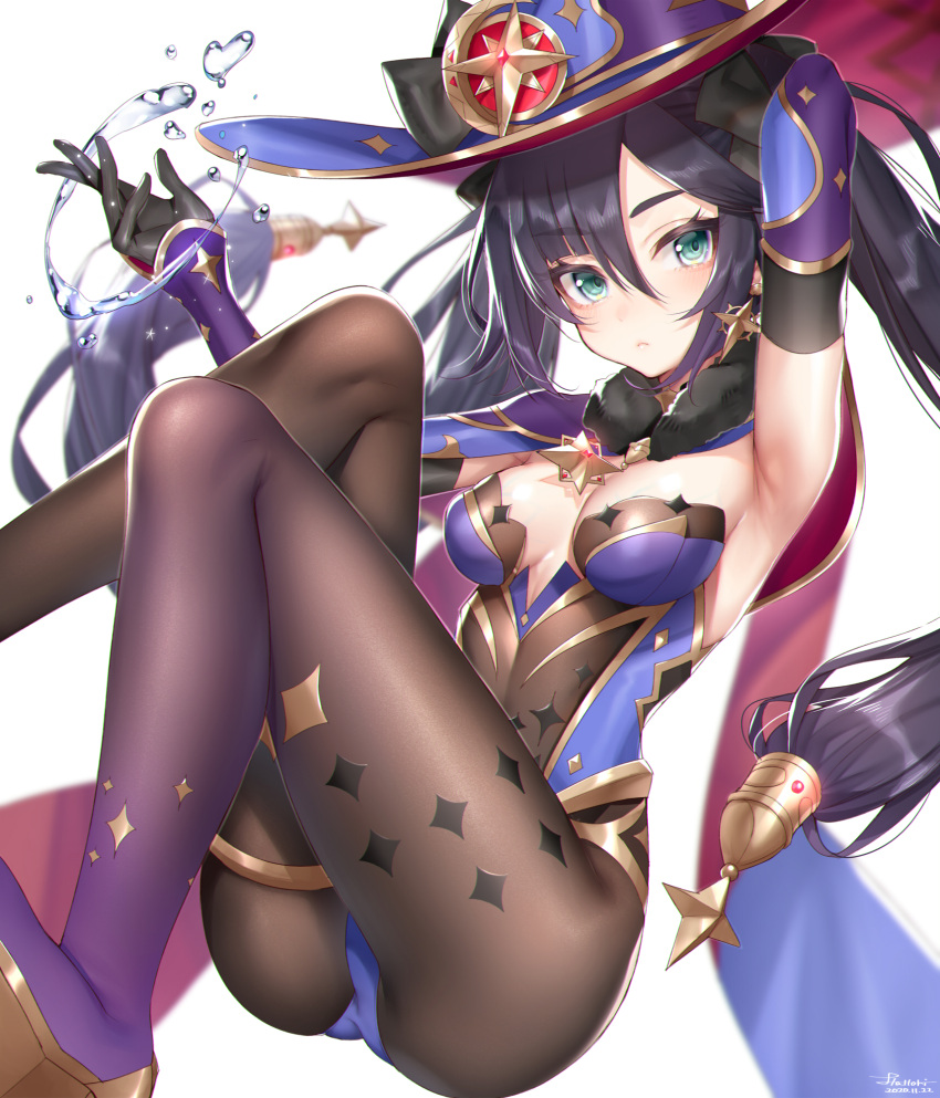 1girl armpits arms_up ass black_gloves black_hair blue_eyes blurry breasts brown_legwear cape depth_of_field detached_sleeves earrings fine_fabric_emphasis genshin_impact gloves gold_trim gradient hat hattori_masaki highleg highleg_leotard highres jewelry knees_up leotard long_hair long_sleeves looking_at_viewer mona_(genshin_impact) pantyhose sidelocks simple_background small_breasts solo strapless strapless_leotard twintails water white_background witch_hat