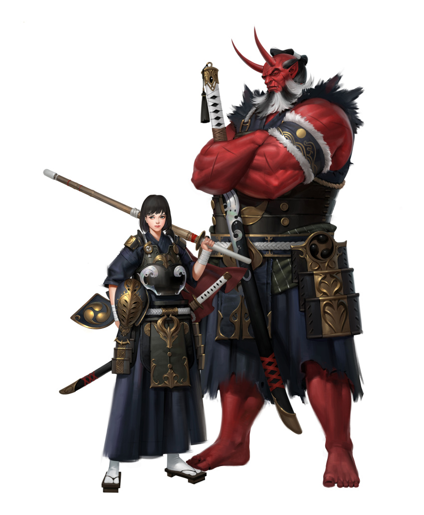 1boy 1girl absurdres armor armored_dress black_gloves black_hair black_hairband blush bokken bougu commentary english_commentary father_and_daughter gloves hairband height_difference highres holding holding_sword holding_weapon horns ilsu_jang japanese_armor japanese_clothes katana kendo kendo_mask kimono koshirae kote lips multicolored multicolored_eyes oni oni_horns ootachi original red_eyes red_skin revision scar shinai short_hair suneate sword weapon wooden_sword