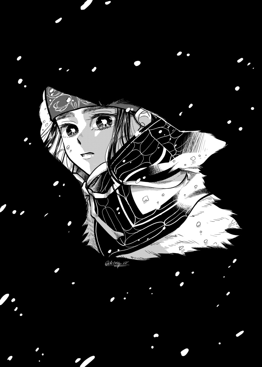 1girl absurdres ainu_clothes artist_name asirpa black_background black_hair deko_(pixiv13085538) golden_kamuy highres looking_at_viewer monochrome snowing solo wolf