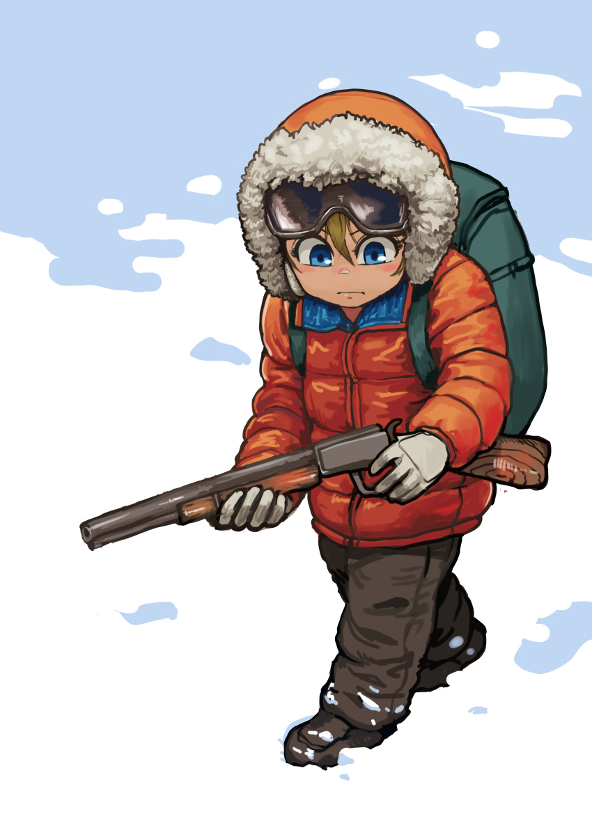 1girl absurdres backpack bag blonde_hair blue_eyes blush brown_footwear brown_pants chanta_(ayatakaoisii) closed_mouth coat full_body gloves gun highres holding holding_gun holding_weapon hooded_coat jacket long_sleeves original pants red_jacket shoes snow solo standing weapon white_gloves winter_clothes winter_coat