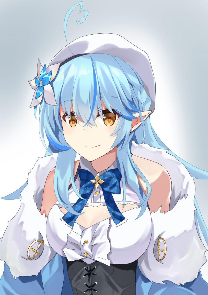 1girl absurdres ahoge bangs bare_shoulders beret blue_background blue_coat blue_hair coat commentary_request corset elf eyebrows_visible_through_hair flower fur-trimmed_coat fur_trim hair_between_eyes hair_flower hair_ornament hat heart_ahoge highres hololive housei_fenoru long_hair looking_at_viewer open_clothes open_coat pointy_ears shirt sidelocks simple_background sleeveless sleeveless_shirt smile solo virtual_youtuber white_headwear white_shirt yellow_eyes yukihana_lamy