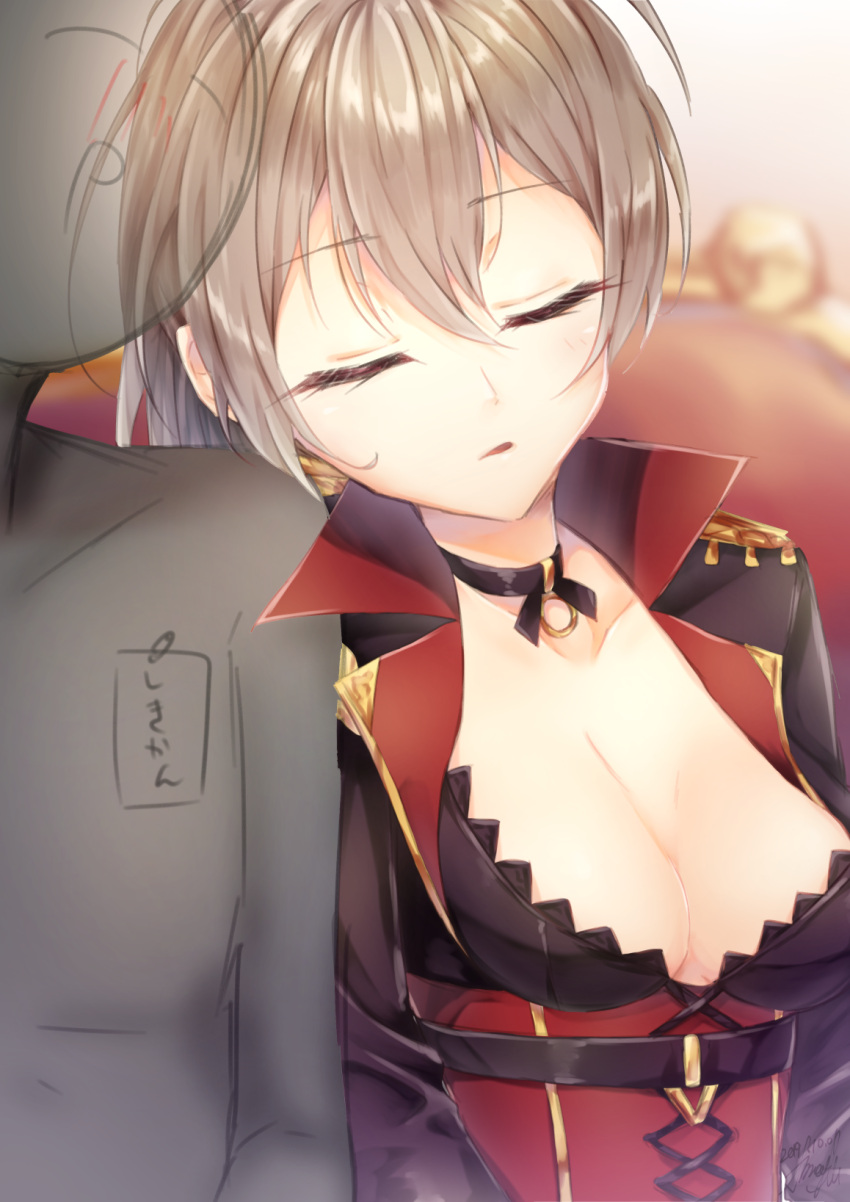 1boy 1girl azur_lane black_choker breasts brown_jacket choker cleavage_cutout closed_eyes clothing_cutout commander_(azur_lane) corset cropped_jacket eyebrows_visible_through_hair hair_between_eyes head_on_shoulder highres jacket jean_bart_(azur_lane) light_brown_hair long_hair red_corset satsuki_meguru sleeping small_breasts upper_body