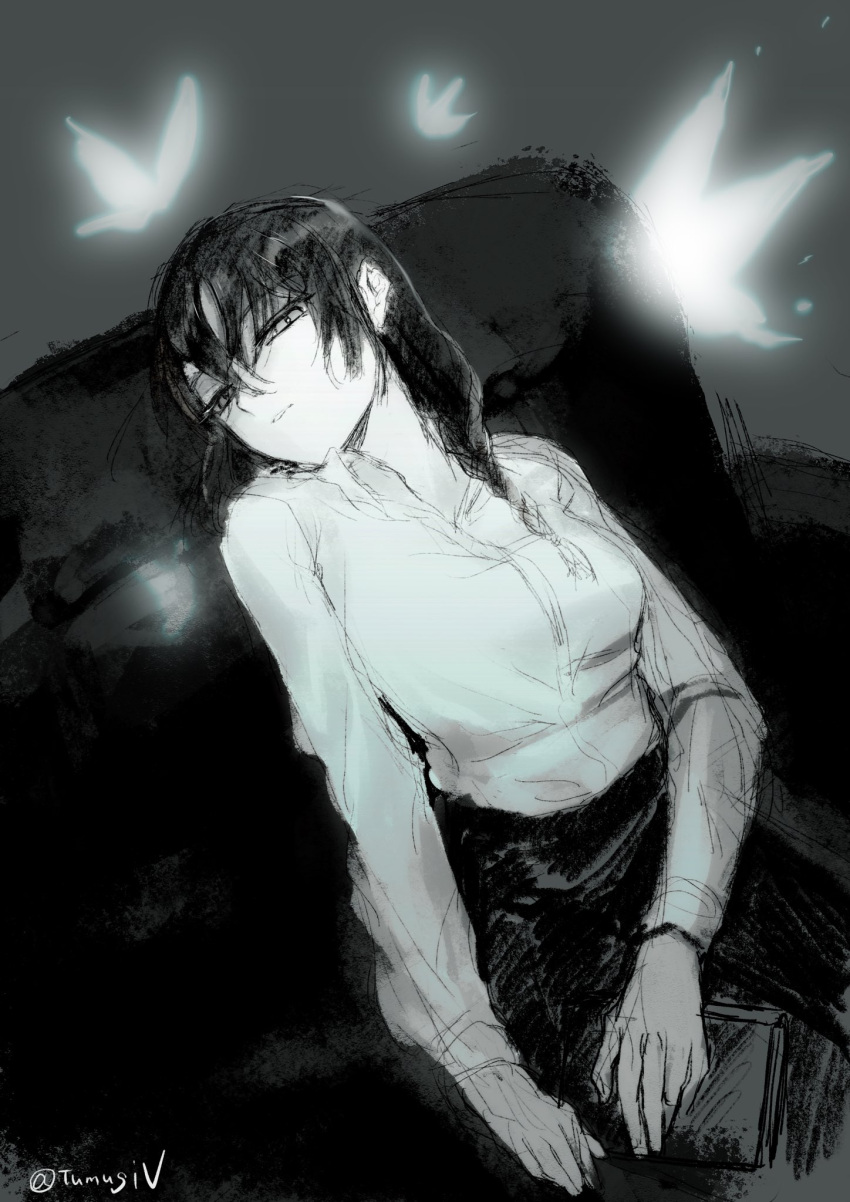 1girl alter_ego_(game) black_hair book braid bug butterfly couch es_(alter_ego) greyscale highres insect looking_at_viewer lying monochrome mugitarou shirt single_braid solo white_shirt