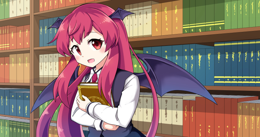 1girl :d absurdres artist_request bat_wings black_vest blush book book_hug bookshelf commentary_request dress_shirt eyebrows_visible_through_hair eyelashes gradient_hair head_tilt head_wings highres holding holding_book koakuma long_hair long_sleeves looking_at_viewer multicolored_hair necktie open_mouth red_eyes red_neckwear redhead shirt sidelocks smile solo touhou touhou_lost_word upper_body very_long_hair vest white_shirt wings