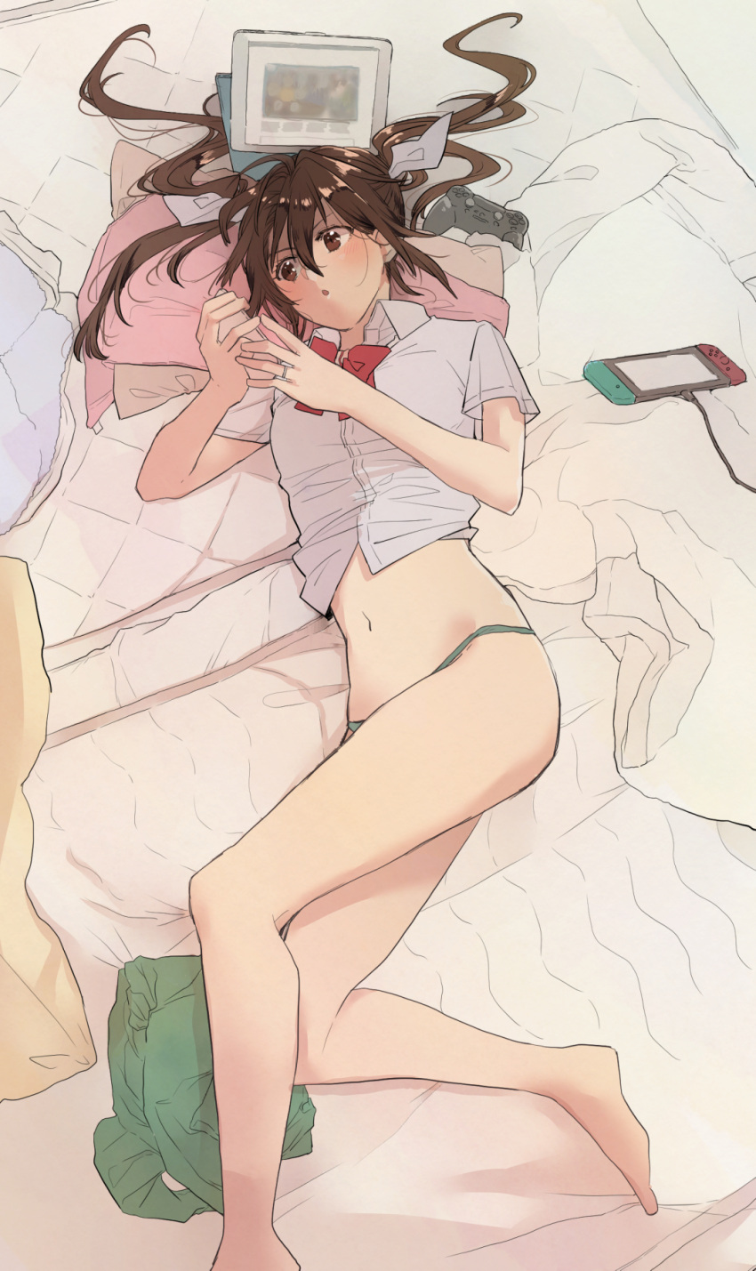 1girl :o bangs barefoot blanket blush bow bowtie breasts brown_eyes brown_hair cable cellphone controller game_controller green_panties hair_between_eyes hair_ribbon handheld_game_console highres holding holding_phone kantai_collection long_hair lying medium_breasts nintendo_switch on_back open_mouth panties phone red_neckwear ribbon shirt smartphone solo tablet_pc tone_(kantai_collection) twintails underwear white_shirt yami_(m31)