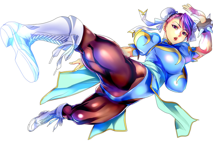 1girl absurdres bracelet breasts brown_eyes brown_hair bun_cover china_dress chinese_clothes chun-li chun-li_(cosplay) cosplay double_bun dress highres jewelry judge_(oekaki) large_breasts pantyhose pelvic_curtain solo spiked_bracelet spikes thick_thighs thighs