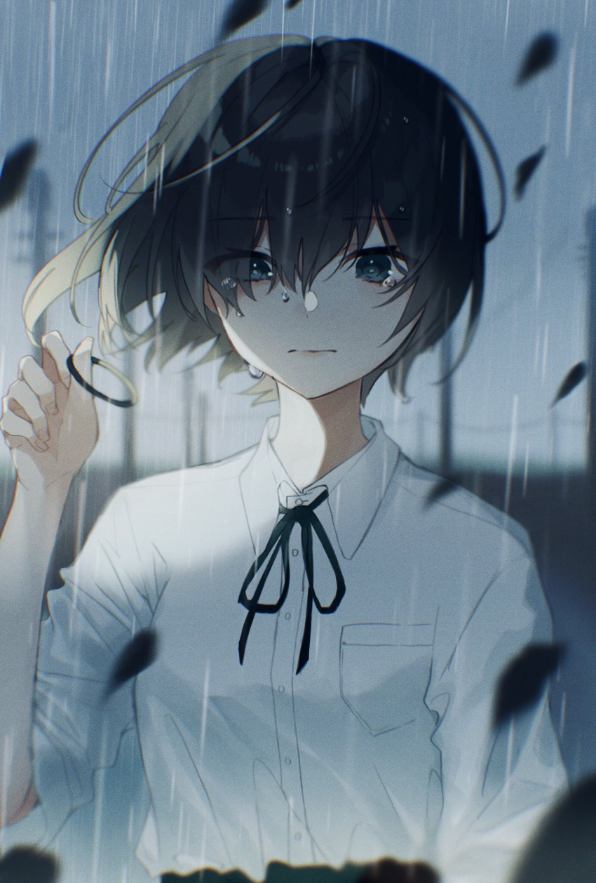 1girl bangs black_hair black_ribbon blue_eyes blurry blurry_background breasts collared_shirt commentary_request crying crying_with_eyes_open depth_of_field dress_shirt eyebrows_visible_through_hair eyes_visible_through_hair hair_over_one_eye hand_up highres looking_at_viewer neck_ribbon onene_(ban) original outdoors petals rain ribbon shirt short_sleeves small_breasts solo tears upper_body white_shirt