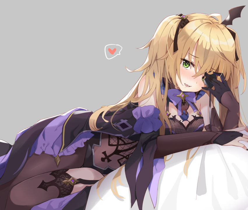1girl arm_support bangs bare_shoulders black_dress blonde_hair bodystocking bow breasts bridal_gauntlets detached_sleeves dress eyebrows_visible_through_hair eyepatch eyepatch_lift fischl_(genshin_impact) garter_straps genshin_impact gloves green_eyes grey_background hair_over_one_eye hair_ribbon heart highres long_hair long_sleeves looking_at_viewer lying medium_breasts on_side open_mouth ribbon simple_background single_thighhigh solo speech_bubble thigh-highs togo_(korlsj1235) two_side_up