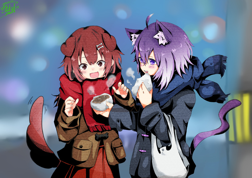 2girls absurdres adapted_costume ahoge animal_ear_fluff animal_ears aoi_rt0 bag baozi bone_hair_ornament brown_eyes brown_hair carrying_bag cat_ears cat_tail city city_lights dated dog dog_ears dress elbow_carry food grey_jacket hair_ornament highres hololive inugami_korone jacket multiple_girls nekomata_okayu night open_mouth paw_print plastic_bag purple_hair red_dress saliva scarf sharing_food signature steam tail tail_wagging violet_eyes virtual_youtuber