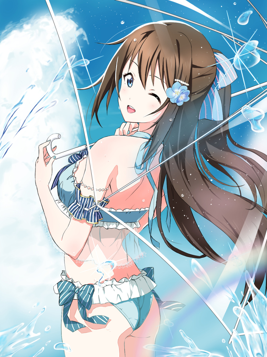 1girl :d armband ass back bangs bead_bracelet beads bikini blue_bikini blue_eyes blue_sky bracelet breasts brown_hair clouds commentary_request day flower frilled_bikini frills from_behind hair_flower hair_ornament hair_ribbon highres holding holding_umbrella jewelry long_hair looking_at_viewer looking_to_the_side love_live! love_live!_nijigasaki_high_school_idol_club love_live!_school_idol_project medium_breasts nail_polish one_eye_closed open_mouth outdoors ribbon sakuragi_mano sidelocks sky smile solo standing swimsuit transparent transparent_umbrella umbrella upper_teeth water yuni_(dpfn4557)