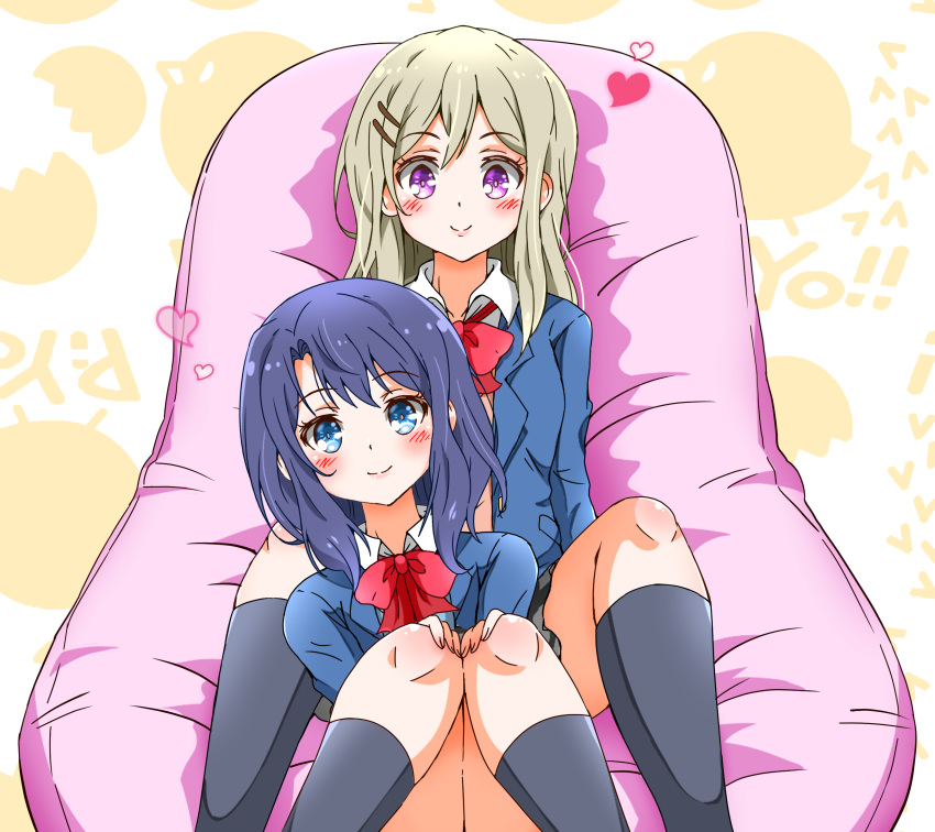 2girls absurdres adachi_sakura adachi_to_shimamura bean_bag_chair black_legwear blonde_hair blue_eyes blue_hair blush bow bowtie breasts closed_mouth collarbone eggman_(pixiv28975023) eyebrows_visible_through_hair hair_ornament hairclip hands_on_own_knees heart highres kneehighs long_hair looking_at_viewer muji_body_fitting_sofa multiple_girls red_neckwear school_uniform shimamura_hougetsu shiny shiny_hair shiny_skin short_hair simple_background sitting small_breasts smile violet_eyes yuri