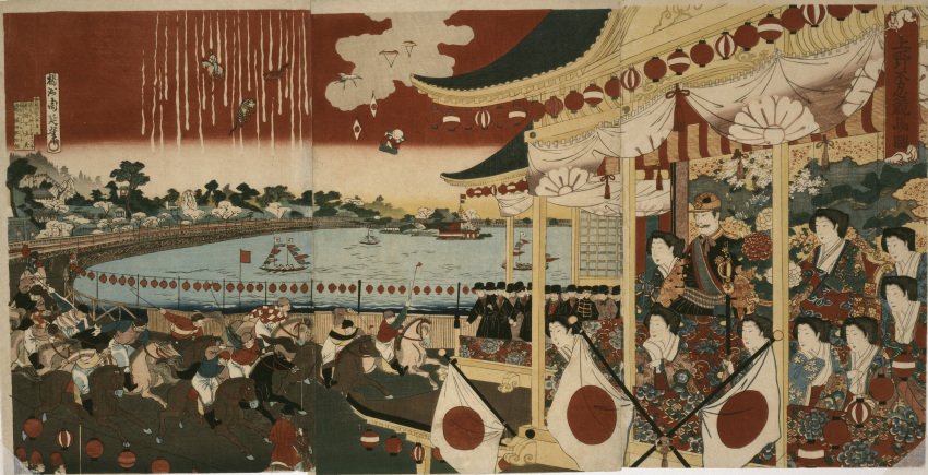 absurdres architecture clouds east_asian_architecture hashimoto_chickanobu highres horse_racing horse_racing_track horseback_riding japanese_clothes japanese_flag lake multiple_boys multiple_girls nihonga original red_sky riding sky tiger tree ukiyo-e watercraft