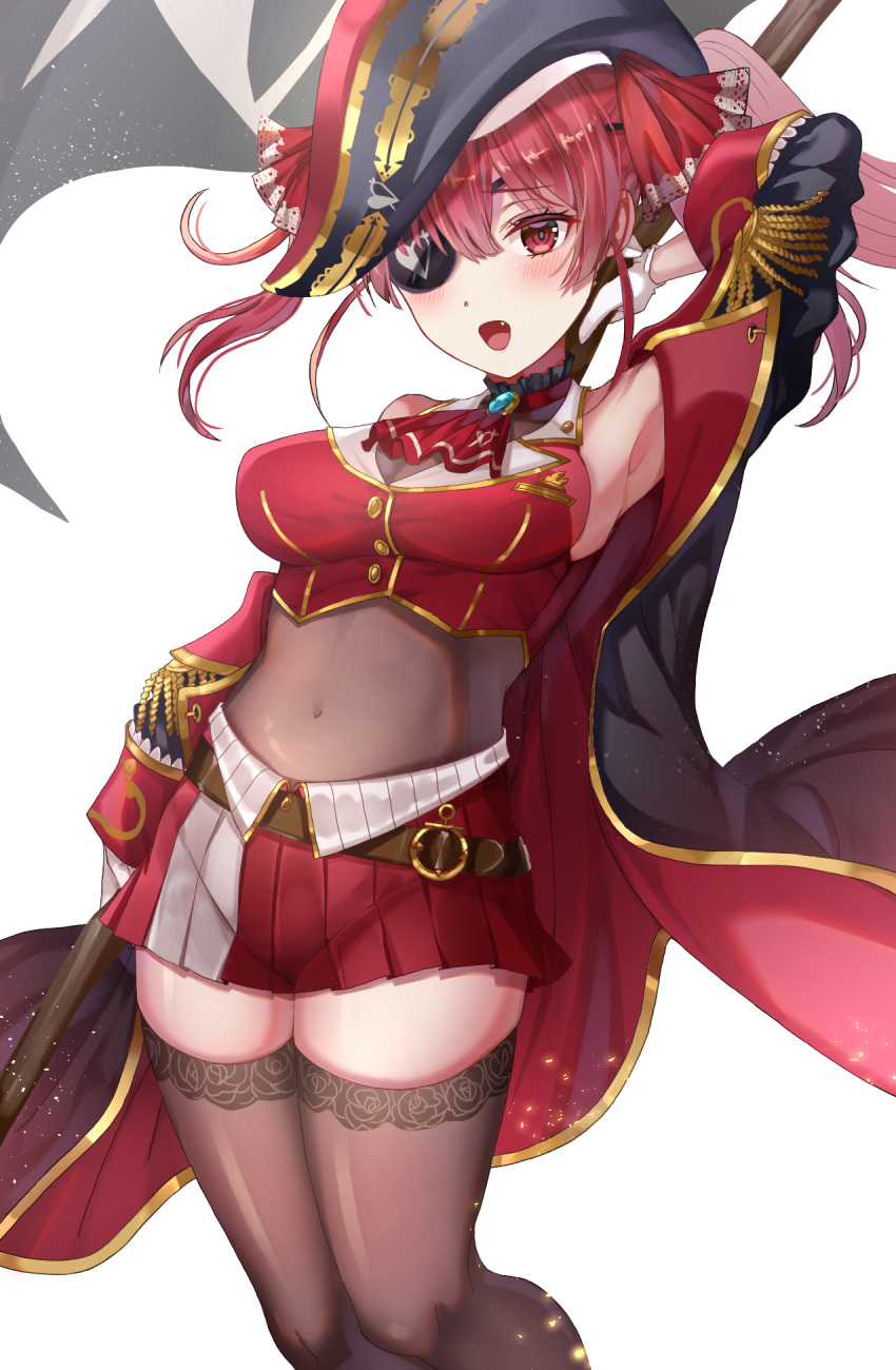 1girl armpits breasts covered_navel eyepatch fang flag gloves highres holding holding_flag hololive houshou_marine jacket kebaboishii large_breasts leaning_back looking_at_viewer navel off-shoulder_jacket one_eye_covered open_mouth pirate red_eyes red_skirt redhead skindentation skirt solo thigh-highs twintails virtual_youtuber white_background white_gloves