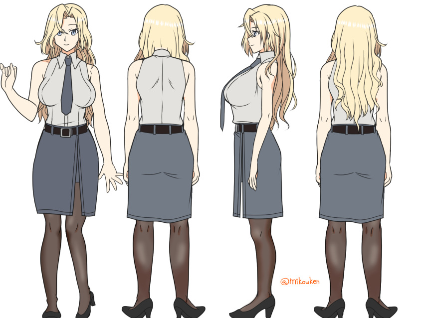 1girl bare_shoulders belt black_belt black_footwear black_legwear black_neckwear black_skirt blonde_hair blue_eyes breasts dress_shirt from_behind from_side full_body high_heels highres hornet_(kantai_collection) jacket kantai_collection kutsugen_kanna_(mikouken) large_breasts long_hair looking_at_viewer multiple_views necktie pantyhose pencil_skirt shirt simple_background skirt sleeveless sleeveless_shirt smile twitter_username white_background white_shirt