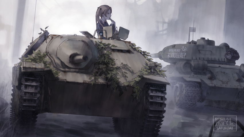 1girl brown_hair caterpillar_tracks dated eating emblem girls_und_panzer grass ground_vehicle highres jagdpanzer_38(t) kadotani_anzu leaf military military_vehicle motor_vehicle ooarai_military_uniform pravda_(emblem) ruins russian_text t-34 t-34-85 tank tank_destroyer translation_request twintails useless