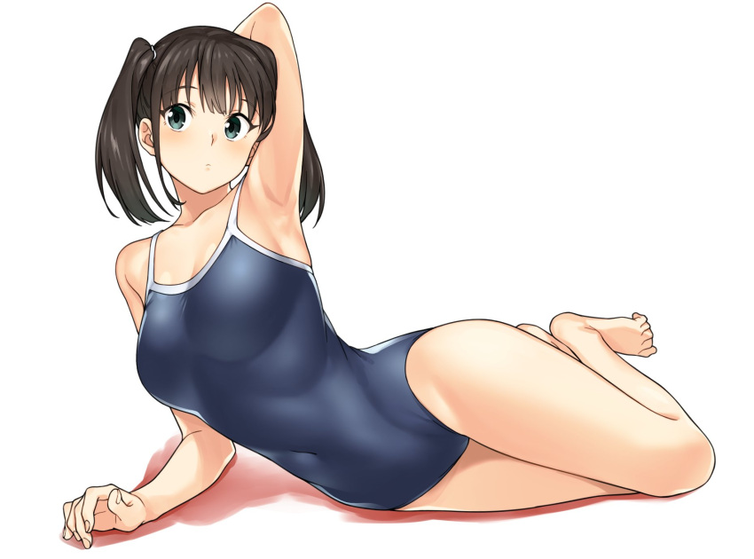 1girl arm_behind_head armpits barefoot blue_swimsuit breasts brown_hair collarbone commentary_request covered_navel green_eyes hatakenaka_(kamagabuchi) highres legs lying medium_breasts one-piece_swimsuit original short_hair simple_background solo swimsuit thighs twintails white_background