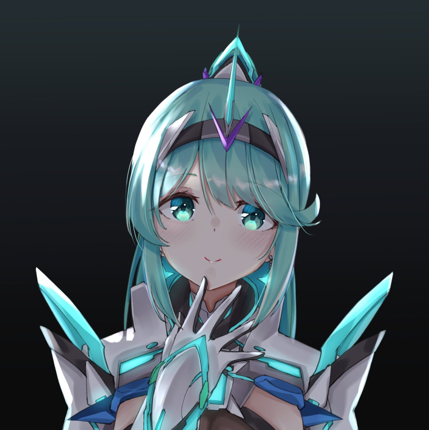 1girl bangs black_background breasts chest_jewel earrings gloves gradient gradient_background green_eyes green_hair head_tilt highres jewelry long_hair long_ponytail looking_at_viewer pneuma_(xenoblade) ponytail sarasadou_dan swept_bangs tiara upper_body xenoblade_chronicles_(series) xenoblade_chronicles_2