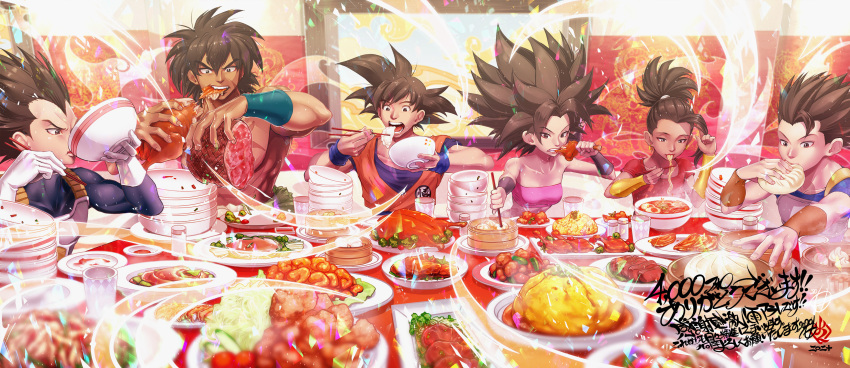 2girls 4boys absurdres amaguchi_chiyoko baozi black_hair bowl broly_(dragon_ball_super) cabba caulifla chopsticks dougi dragon_ball dragon_ball_super dragon_ball_super_broly eating food gloves highres kale_(dragon_ball) meat multiple_boys multiple_girls noodles open_mouth plate ramen shirtless son_goku spiky_hair strapless tubetop vegeta wristband