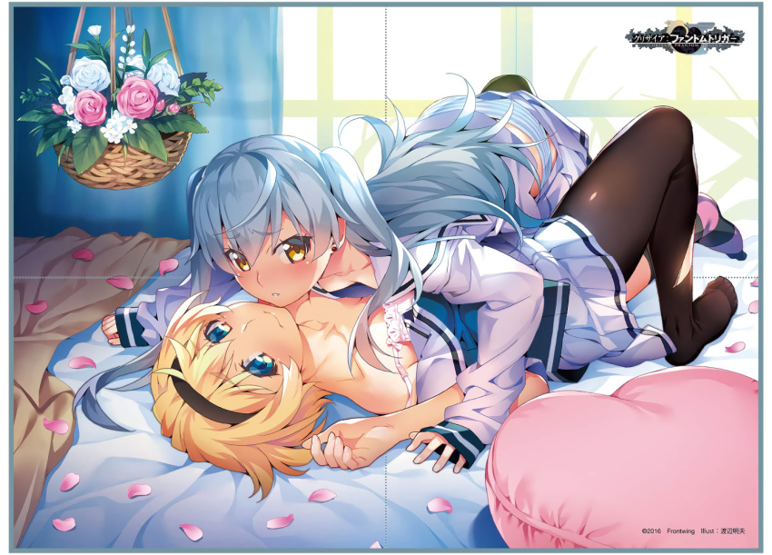 2girls bangs black_legwear blonde_hair blue_eyes bra collarbone company_name copyright dated earrings eyebrows_visible_through_hair flower grisaia_(series) grisaia_phantom_trigger hairband hanging_plant indoors jewelry kujirase_christina_sakurako logo long_hair long_sleeves looking_at_viewer lying multiple_girls no_shoes off_shoulder official_art on_back on_bed on_person panties pantyhose parted_lips petals pleated_skirt school_uniform shishigaya_touka short_hair short_sleeves silver_hair skirt skirt_pull strap_slip striped striped_legwear striped_panties stud_earrings torn_clothes torn_legwear underwear watanabe_akio white_skirt yellow_eyes