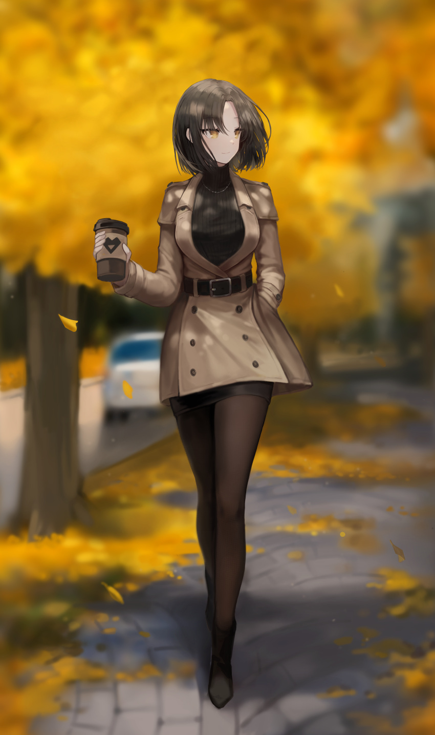 1girl absurdres autumn autumn_leaves belt black_belt black_hair black_legwear black_shirt black_skirt brown_coat coat cup disposable_cup full_body ginkgo highres holding holding_cup huge_filesize long_sleeves medium_hair miniskirt original outdoors pantyhose pencil_skirt road seorang shirt skirt solo standing street walking yellow_eyes