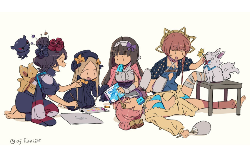 5girls abigail_williams_(fate/grand_order) animal asaya_minoru bandaged_leg bandages bangs barefoot bikini black_bow black_dress black_hair black_headwear black_kimono blue_bikini blue_dress bow braid breasts brown_hair calligraphy_brush cloak crayon creature double_bun dress fan fate/grand_order fate_(series) flower food food_in_mouth fou_(fate/grand_order) frankenstein's_monster_(fate) frankenstein's_monster_(swimsuit_saber)_(fate) hair_bow hair_bun hair_ornament hat holding holding_fan holding_flower holding_paintbrush hood hood_down hooded_cloak jacket japanese_clothes katsushika_hokusai_(fate/grand_order) kimono long_hair long_sleeves lying medium_breasts mouth_hold multiple_girls octopus on_back orange_bow osakabe-hime_(fate/grand_order) paintbrush paper_fan parted_bangs pink_cloak pink_hair popsicle profile puffy_short_sleeves puffy_sleeves purple_skirt shirt short_sleeves single_braid skirt sleeves_past_fingers sleeves_past_wrists small_breasts swimsuit table tasuki tokitarou_(fate/grand_order) twitter_username van_gogh_(fate) very_long_hair white_shirt yellow_flower yellow_jacket