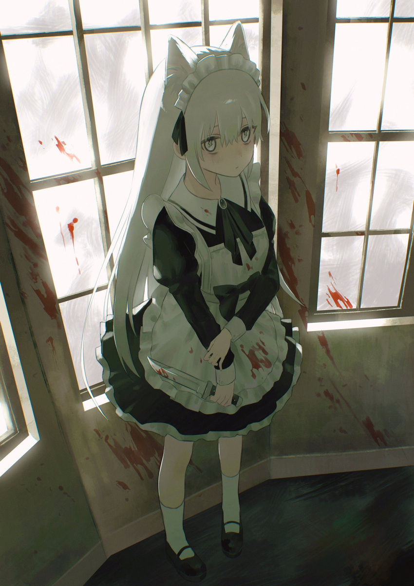 animal_ears apron bangs black_bow black_footwear black_ribbon blood blood_splatter bloody_clothes bloody_weapon bow cat_ears frilled_apron frills hand_on_own_wrist highres holding holding_knife knife long_hair long_sleeves looking_at_viewer maid maid_apron maid_headdress mary_janes original puffy_sleeves ribbon shoes sleeve_cuffs standing weapon white_eyes white_hair white_legwear window x_x02