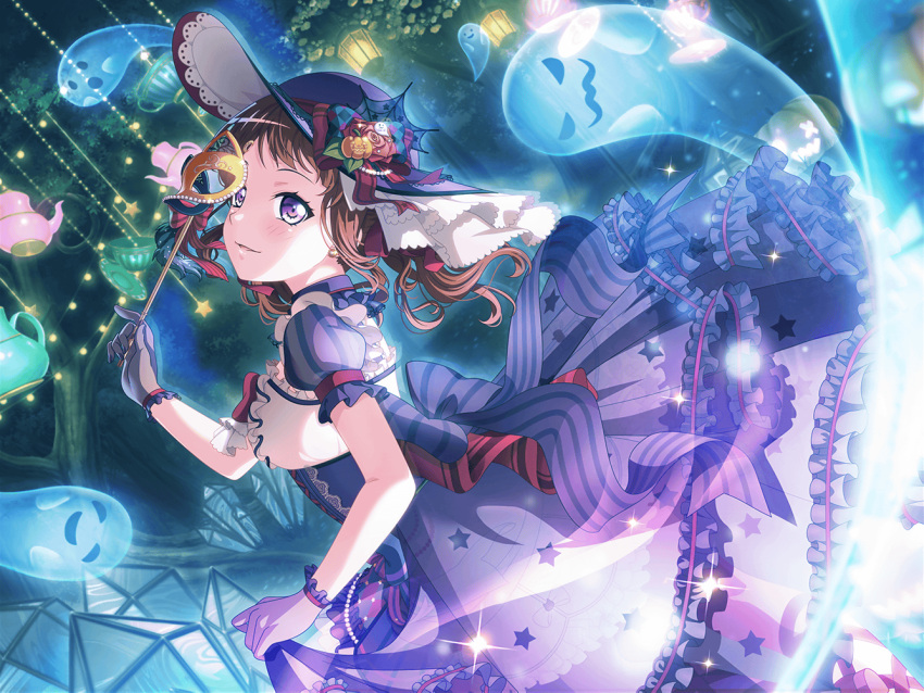1girl bang_dream! blush brown_hair crystal decorations dress ghost gloves halloween halloween_costume holding_mask looking_at_viewer official_art pumpkin short_hair smile solo sparkle toyama_kasumi violet_eyes witch_hat