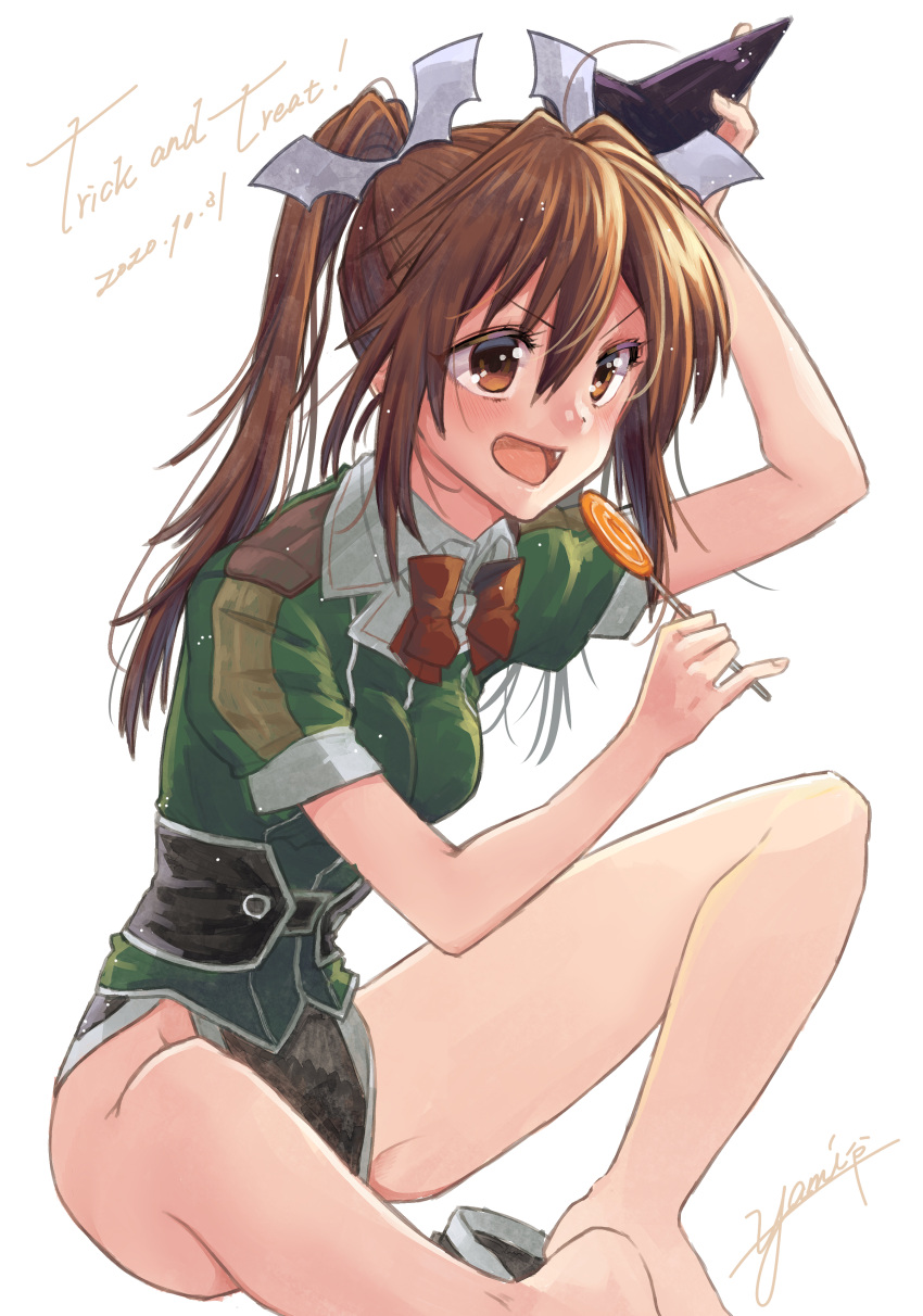 1girl absurdres bangs bare_legs barefoot bat_hair_ornament blush breasts brown_eyes brown_hair candy eyebrows_visible_through_hair fang food hair_between_eyes hair_ornament highres holding holding_candy holding_food holding_lollipop kantai_collection lollipop long_hair medium_breasts no_panties open_mouth pelvic_curtain remodel_(kantai_collection) short_sleeves signature simple_background sitting solo tone_(kantai_collection) trick_or_treat twintails white_background yami_(m31)