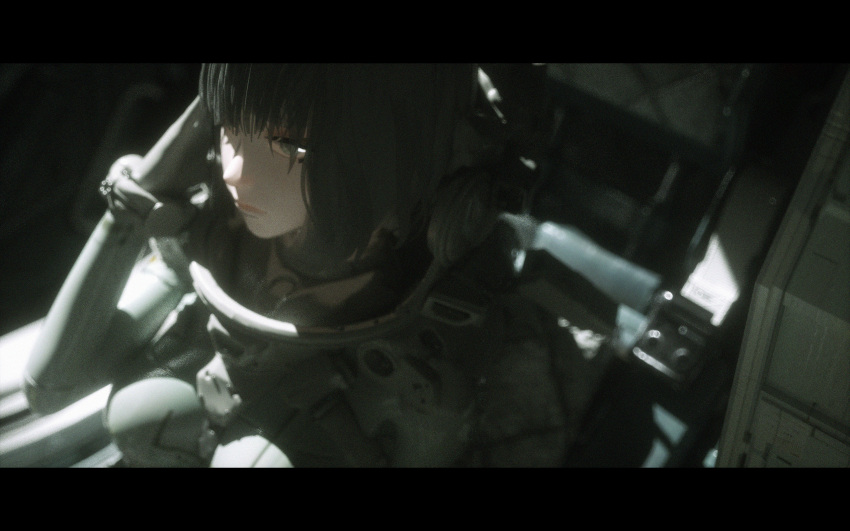 1girl bangs black_hair bodysuit breasts brown_eyes from_above highres letterboxed novelance original reflection science_fiction short_hair sitting small_breasts solo space_craft spacesuit