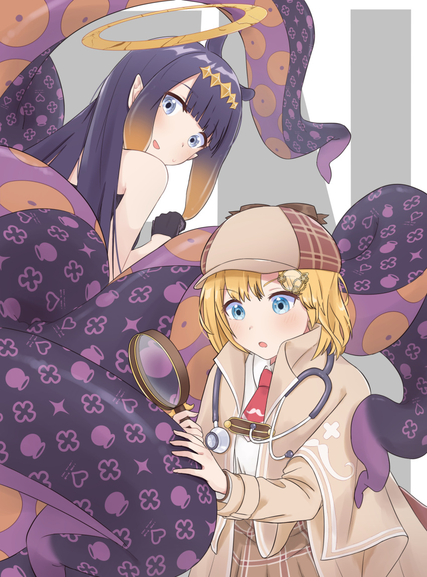 2girls animal_ears black_gloves blonde_hair blue_eyes blush brown_cloak brown_headwear brown_skirt cabbie_hat cloak collared_shirt commentary dress_shirt english_commentary eyebrows_visible_through_hair gloves gradient_hair grey_background hair_ornament halo hat highres holding_magnifying_glass hololive hololive_english inuzuka_nr long_hair looking_back magnifying_glass mole mole_under_eye multicolored_hair multiple_girls necktie ninomae_ina'nis open_mouth orange_hair plaid plaid_skirt pleated_skirt purple_hair red_neckwear shirt short_hair simple_background skirt stethoscope straight_hair striped striped_background sweatdrop symbol_commentary tentacle_hair tentacles tiara two-tone_background virtual_youtuber watson_amelia white_background white_shirt