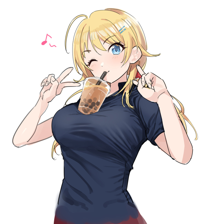 1girl ahoge blonde_hair blue_eyes blue_shirt blush breasts bubble_tea bubble_tea_challenge closed_mouth commentary cowboy_shot double_v drinking_straw eyebrows_visible_through_hair eyelashes hachimiya_meguru hair_ornament hairclip highres idolmaster idolmaster_shiny_colors kaedeko_(kaedelic) long_hair looking_at_viewer medium_breasts musical_note one_eye_closed shirt simple_background smile solo twintails v white_background