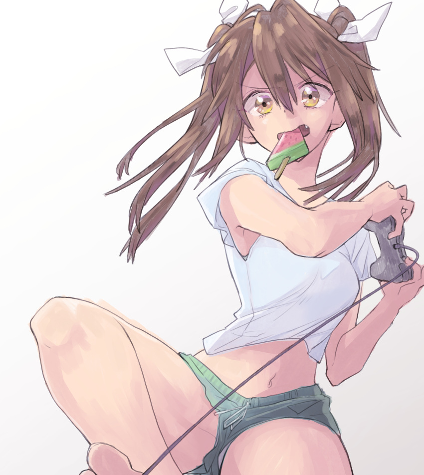 1girl absurdres bangs barefoot breasts brown_hair eyebrows_visible_through_hair fang food gamecube_controller green_shorts hair_between_eyes hair_ribbon highres kantai_collection long_hair medium_breasts midriff mouth_hold navel open_mouth playing_games popsicle ribbon shirt short_hair short_shorts shorts solo tone_(kantai_collection) twintails watermelon_bar white_ribbon white_shirt yami_(m31) yellow_eyes