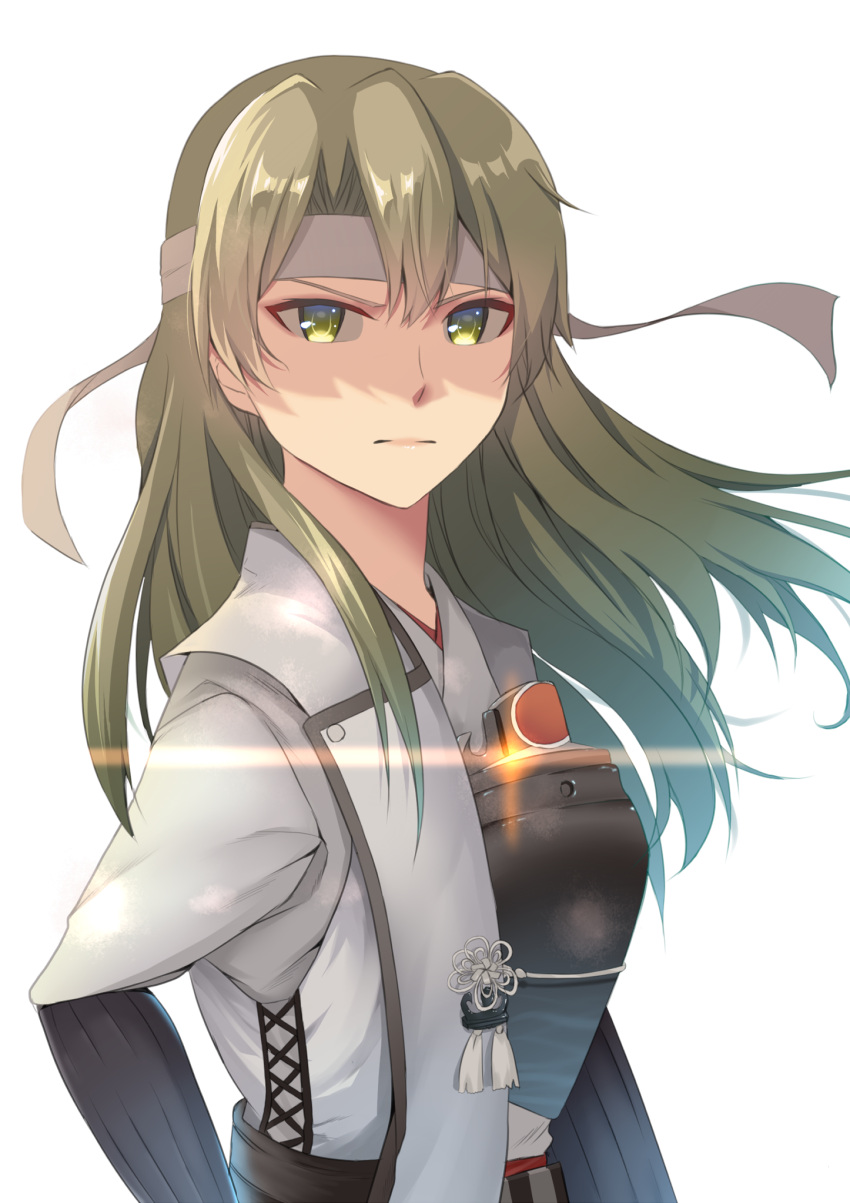 1girl closed_mouth commentary_request green_eyes green_hair hair_between_eyes headband highres japanese_clothes kantai_collection long_hair looking_at_viewer muneate ohiya remodel_(kantai_collection) revision ribbon simple_background solo upper_body white_background white_ribbon zuikaku_(kantai_collection)